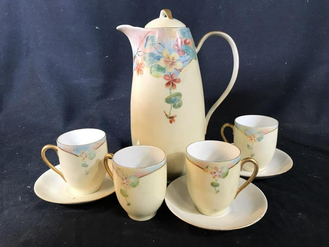 Frida Hartz Signed Porcelain Coffee Set: Czechoslovakia Signed Hand Painted Set includes coffee pot ht app 9.5 inches, four cups and three saucers, , Tableware, Vintage Possibly antique porcelain