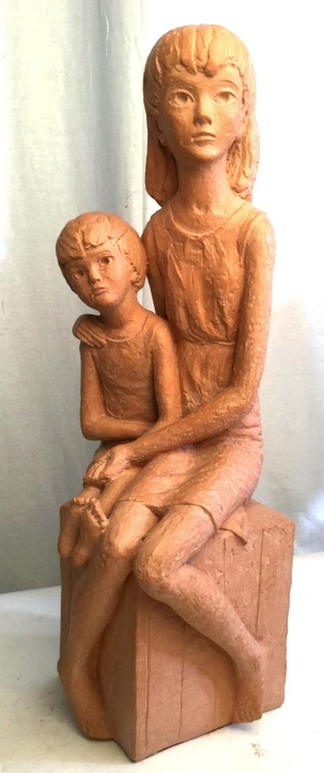 SIGNED Terra Cotta Woman & Child Sculpture: Leonardo Art Works Inc. Copyright. Woman & Child sitting on a crate. 24.5 in. height. Approx 11.5 in. wide. No nicks, scrapes, or chips. Terra Cotta Sculpture, Leonardo Art Works, Copyright Sculpture,
