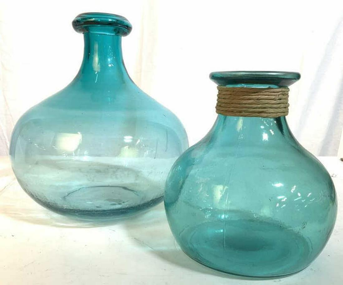 Two Teal Tone Contemporary Art Glass Vases, Spain: Vessels, decorative accessories, tableware, taller measures app 12 inches ht diameter app 10.5 inches, table top, decorative arts, art glass, one marked made in Spain