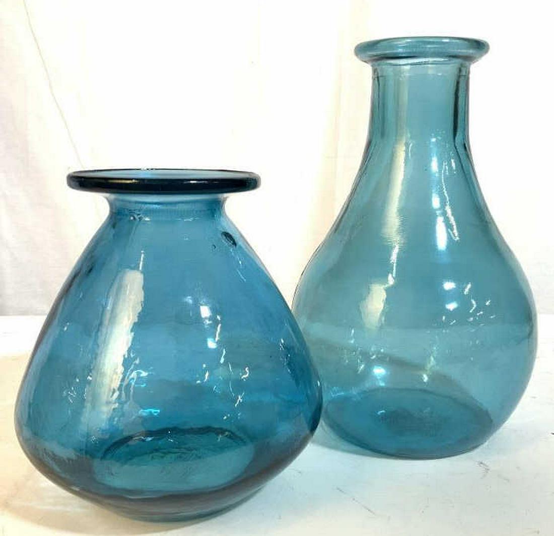 Two Teale Toned Art Glass Vases: Contemporary hand formed vases, vessels, tableware, decorative arts, arts and crafts, table decor, tallest measures ht app 12.5 inches diameter app 8 inches