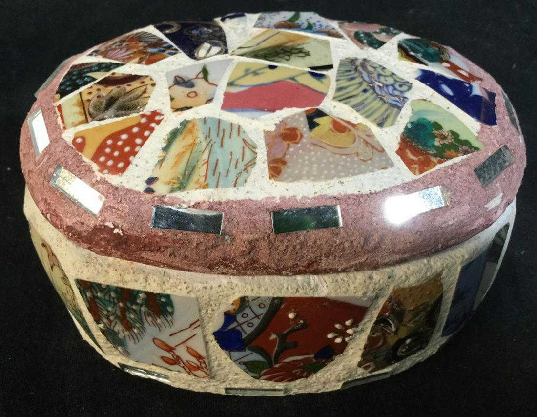 HANDCRAFTED Mosaic Oval Keepsake Box: Made of Terra Cotta, Plastered and decorated with pieces of vintage porcelain plates. Has one chip on lid. Measures 5.5 x 4.5 x 2.1/4 in. Keepsake Box, Mosaic Box, Handmade Porcelain Tiled Box, Tablet