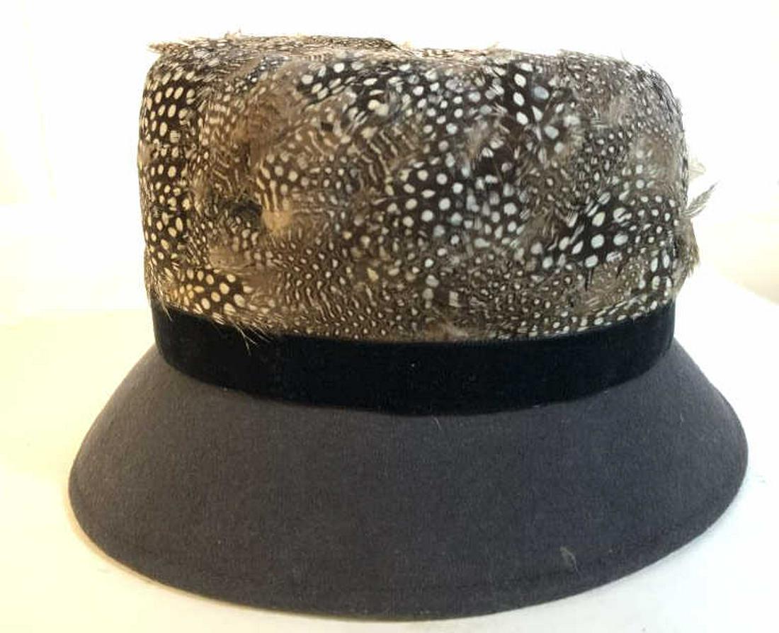 Joe Bill Miller Wool Feather Designer Hat, USA,: Designer hat marked for Joe Bill Miller, marked Made in USA, also marked for Michael Howard 100 percent Wool, inside circumference app 22 inches, flexible shape soft wool. Hat, fashion accessories, we