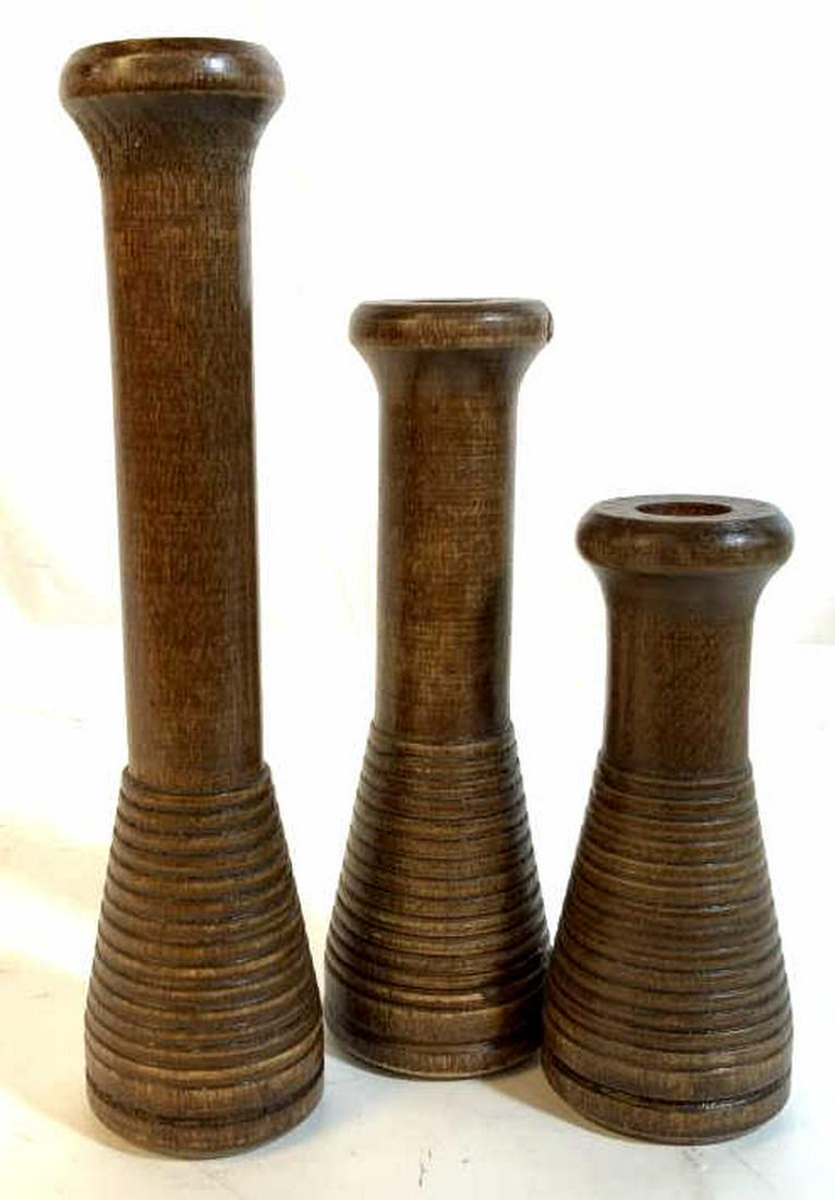 Set 3 Antique Wood Candle Sticks: Hand carved tapered ribbed tubular candle sticks, antique arts and crafts, table ware, decorative arts, antique accessories, tallest measures app 10 inches