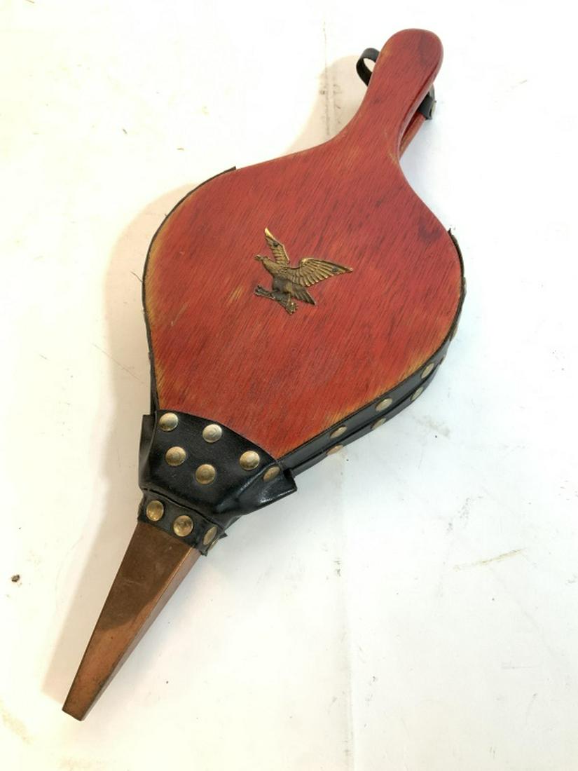 Wood Leather Brass Fireplace Bellow: Painted red wood with brass eagle emblem, copper ends, brass nail heads, leather fan and straps, vintage possibly antique fireplace tool, fireplace bellow, fireplace accessory, decorative accessory, h