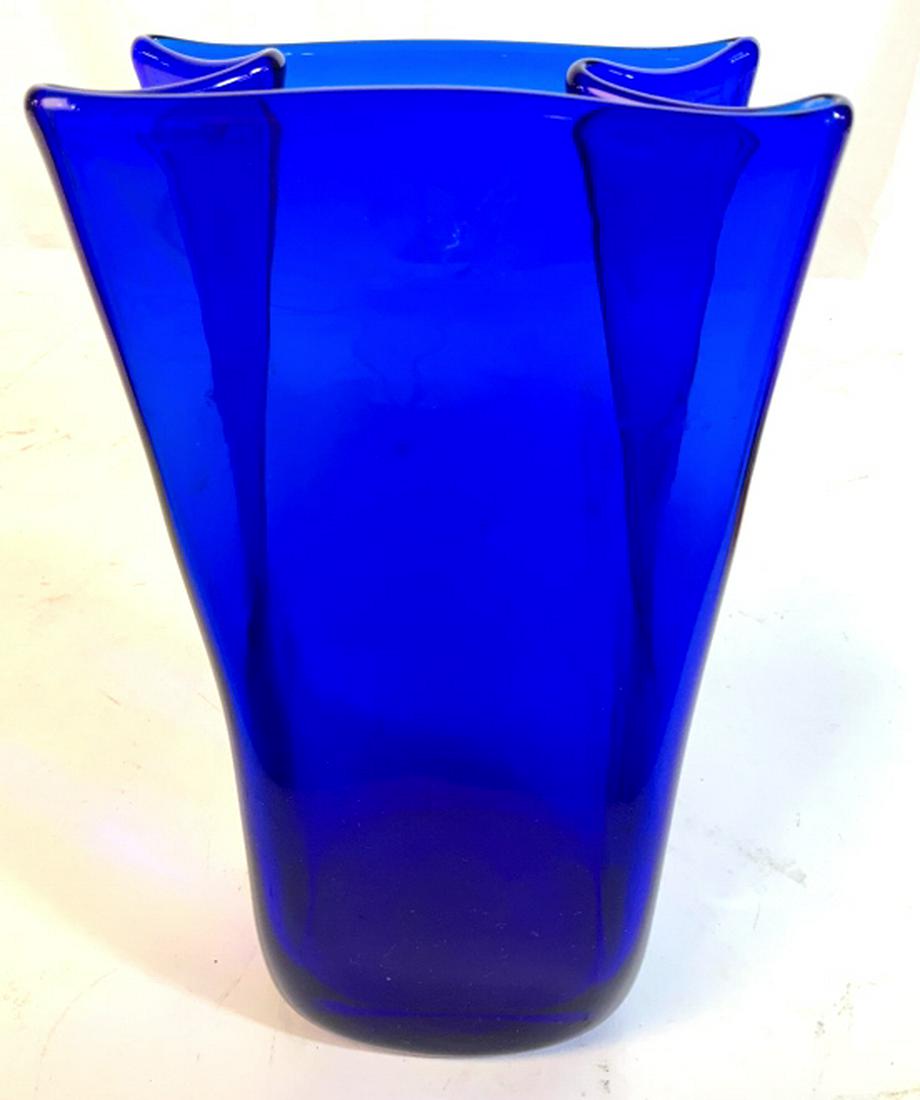 Sapphire Blue Toned Art Glass Vase: Contemporary art glass, hand formed, tableware, arts and crafts, decorative arts, vase vessel, accessory, measures ht app 9 inches, width app 4.5 inches