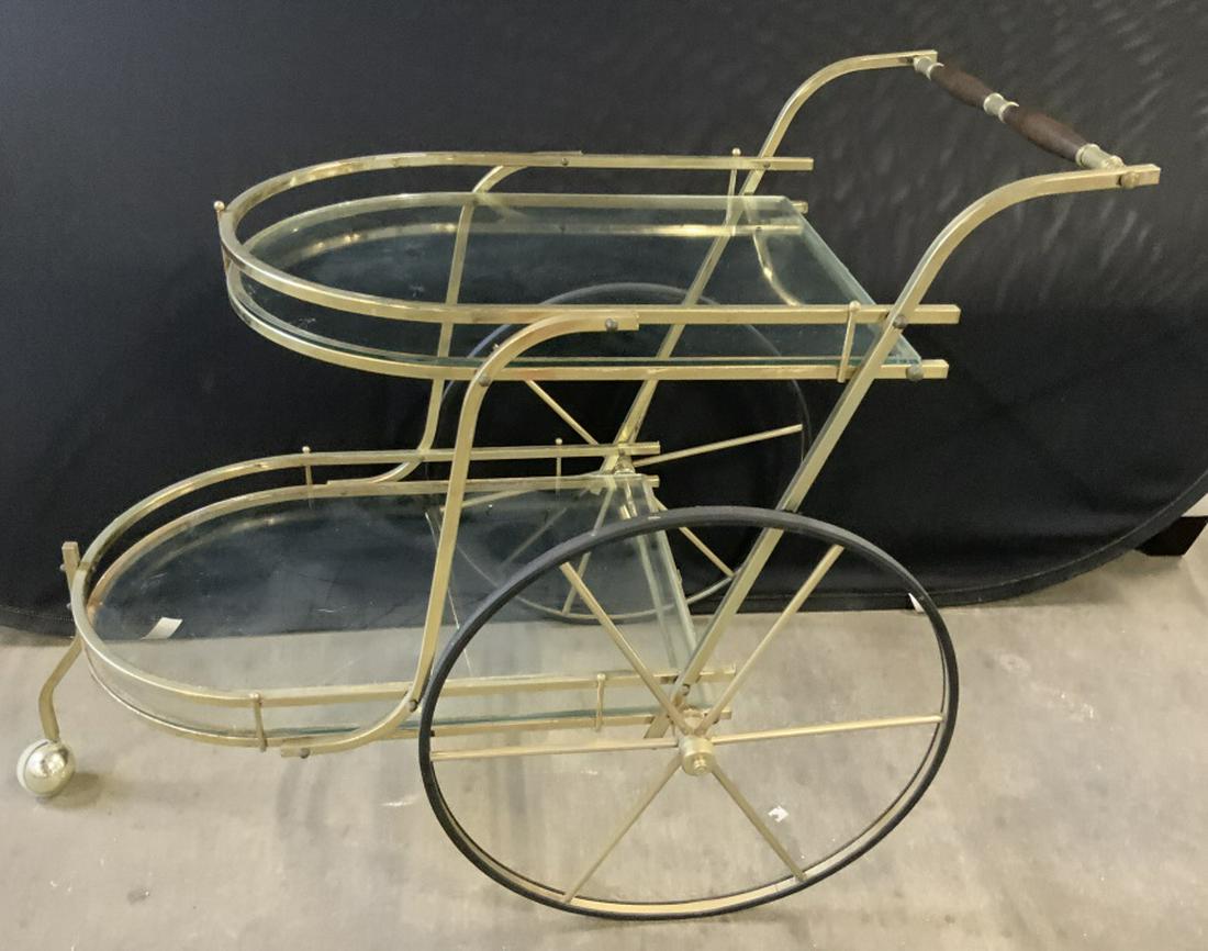 Retro Mid Century Bar Cart: Two Tier Brass, Glass, Wood. Oversized Wheels & Front Caster. Bar Cart, Dessert Trolley, Rolling Bar, Martini Bar, Serving Tray, Rolling Buffet, Hollywood Regency Modern, Cocktail & Beverage Cart. Hei