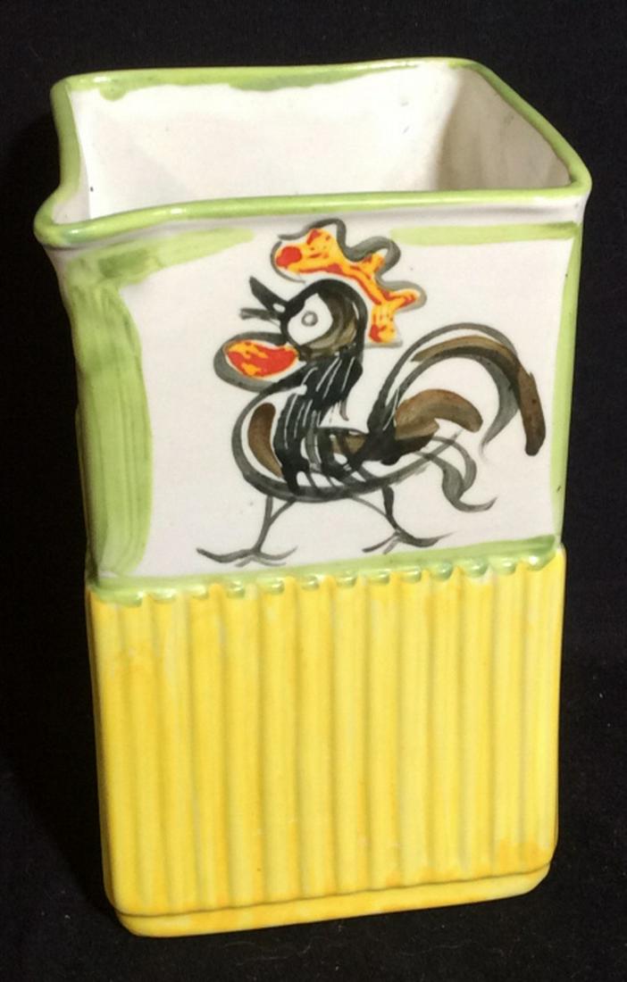 Hand Painted Ceramic Pitcher From Chile: Decorated with Chickens, Birds, & Fish. Marked on underside, ‘Arica, Chile’ Up Cycle as a Planter. Measures 6 3/8 in tall, 3.5 in wide. In good condition, no Chips or surface Marks. Vintage Chilea