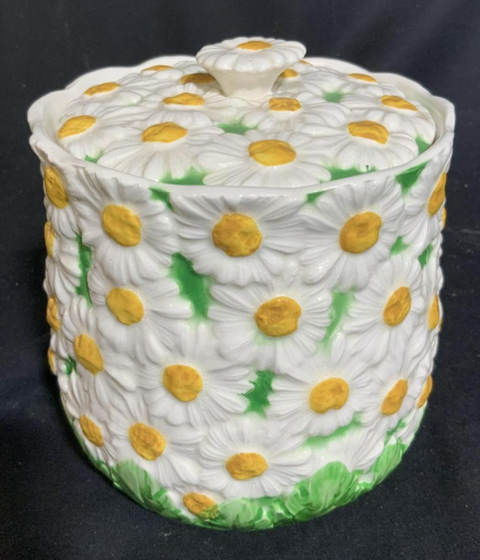 Vi tags Ceramic Porcelain Cookie Jar: Titled Daisy Time on Underside, Ceramic daisy covered lidded jar, Vessel, cookie jar, canister, vase, vintage kitchen, vintage tableware, up cycle vase, decorative accessory, measures ht 7.5 inches 6.