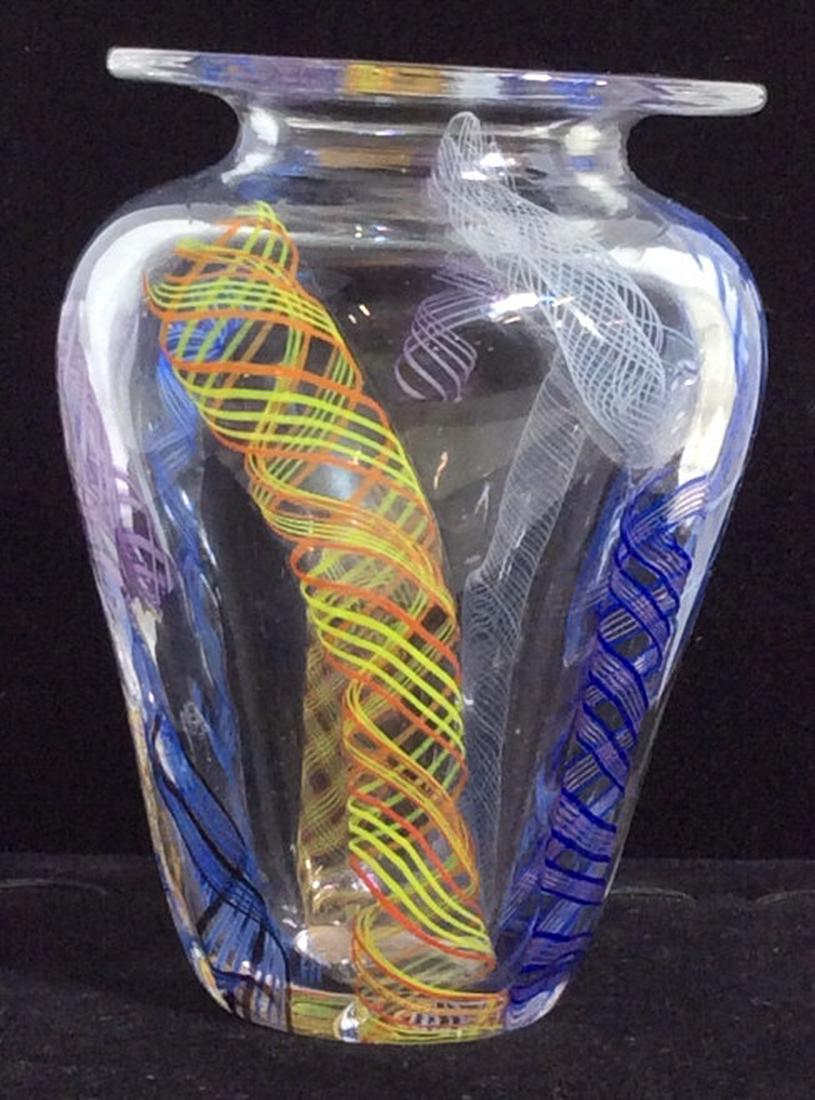 HAND BLOWN Murano Style Vase- SIGNED: Colorful swirl designs, Signed on underside, illegible. 4 5/8 in. tall, approx 3 in. diameter, 11 in. circumference. Mini Vase, Tableware, Murano Style Vessel, Glass Vase, Glassware, Hand Blown Glass 