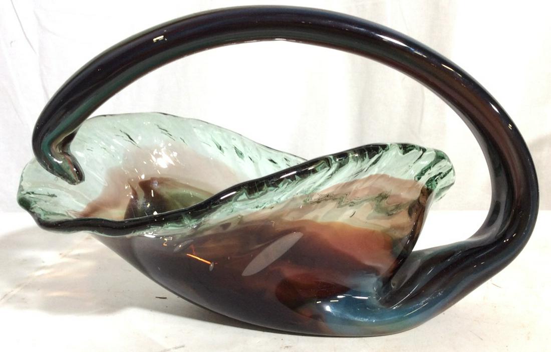 MCM VENETIAN Glass Bowl with Handle: Multi Colored Glass with light green & chocolate, toned, cornocopia style. No chips. A few minor scuffs/nicks not noticeable to admirers. Approx 12 1/4 x 7 x 3.5 in. Glass Art, Venice, Mid Century Mod