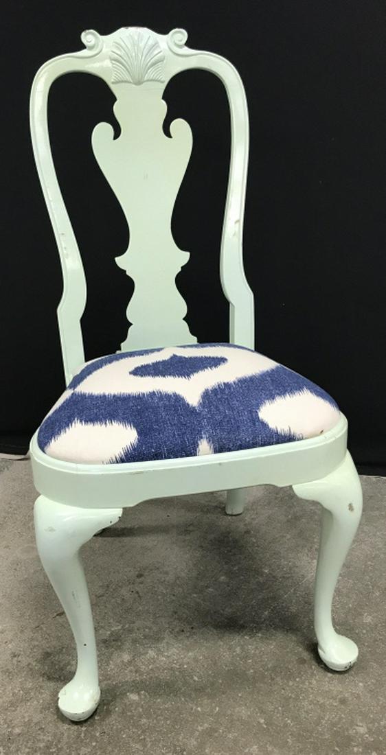 STICKLEY Carved Chair W Statement Upholstery: Marked on underside for STICKLEY. Carved chair is painted pale seafoam green in tone. Upholstery on Seat is blue and white in tone. Measures approx 42 inches in height by 20 inches in width by 19 inch