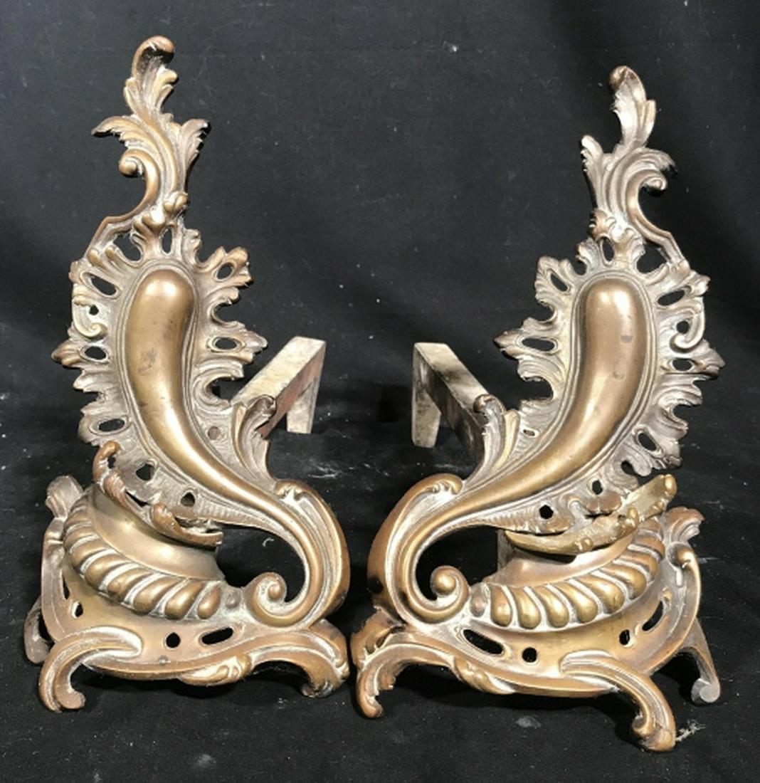 Pair Art Nouveau Metal Andirons: Art nouveau sinuous swirl design, Metal possibly bronze, iron brackets, measures app ht 12 inches width app 6.5 inches depth app 17 inches fireplace accessories, rustic home decor and accessories, gra