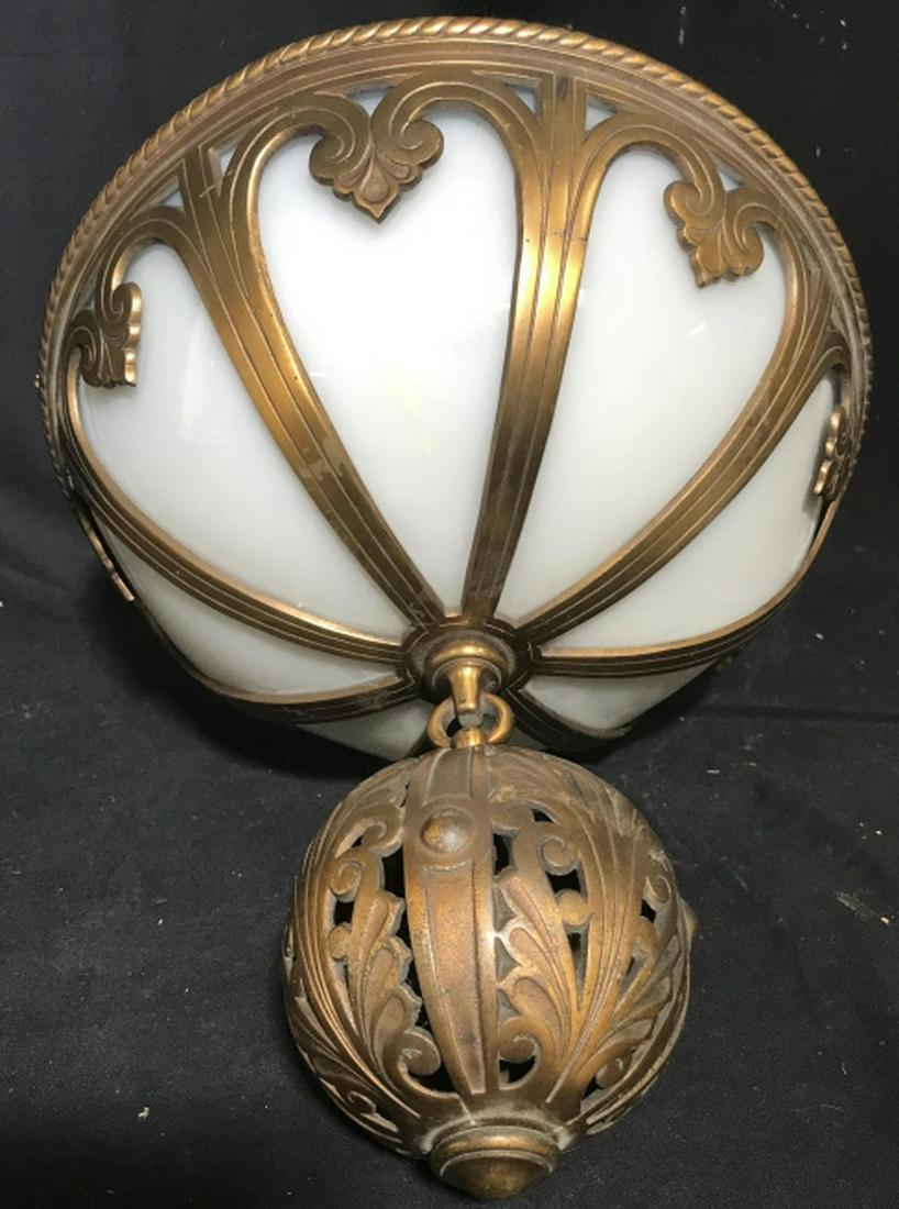 Arts and Crafts Style Light Fixture: Ceiling chandelier, ceiling mount light fixture, brass metal and composite, dome form with overlay in art nouveau arts and-crafts style,measures ht app 14 inches diameter app 14 inches home lighting, 