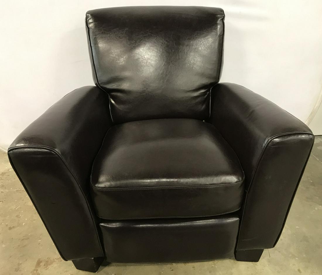 Pair Dark Chocolate Toned Leather Recliners: Lot includes 2 dark chocolate toned leather recliners. Appear to be genuine leather. Each measures approx 36 inches tall & wide 38 inches deep. Pieces have some wear, may need minor restoration. arm c