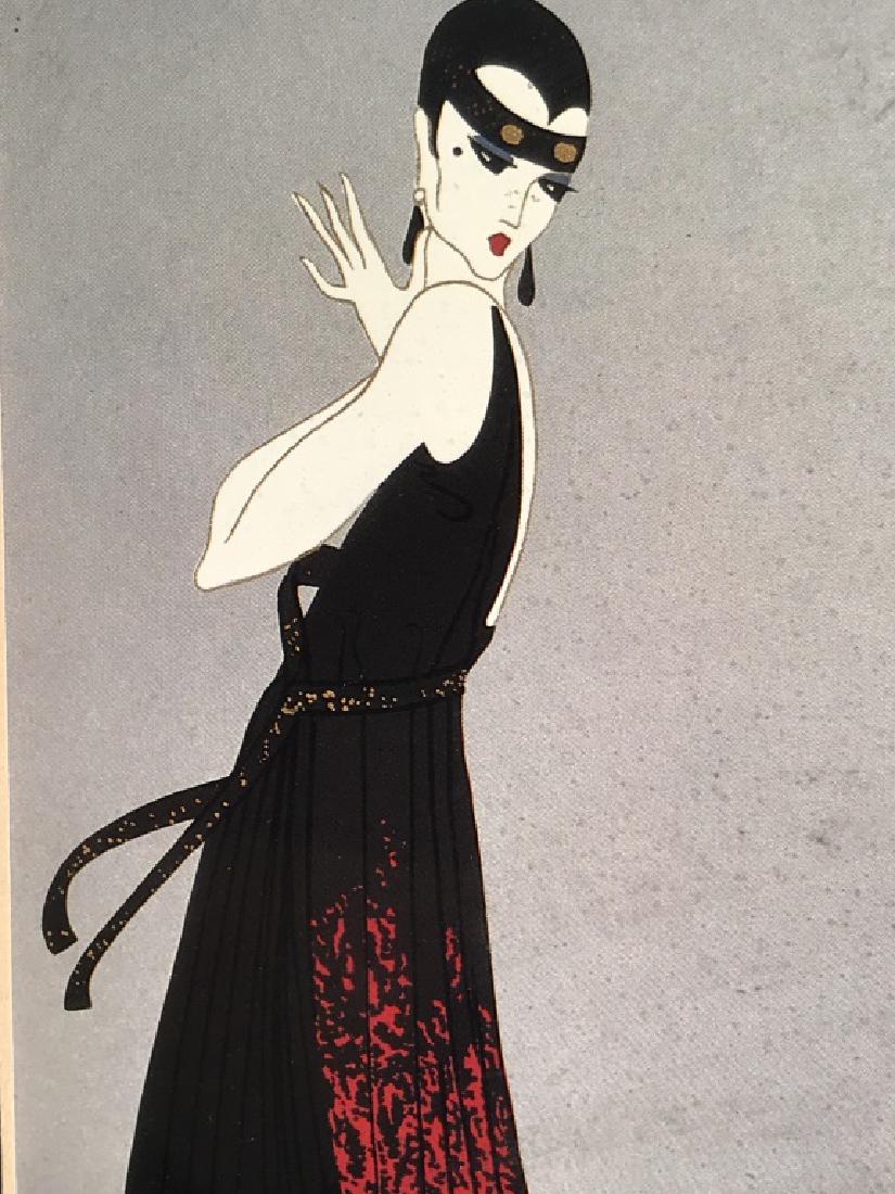 Framed Erte Print, Woman in Red Dress: Framed Erte print of woman in red dress. Print appears digital. Print is double matted and set behind glass in black tone coated frame. Measures approx 22 inches in height by 18 inches in width with f