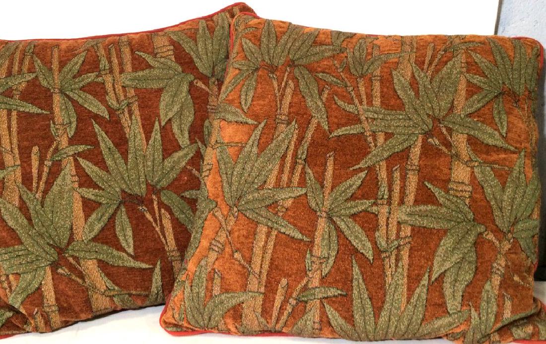 Pair Bambo Motif Throw Pillows: 19.5 x 19.5 in. Has a Red Piping. Pillow sewn in. Orange background, green bamboo. Possibly needs laundering. Asian Decor, Throw Pillows, Orange Home Accents, Chair Pillows, Rec room Pillows, Bamboo M