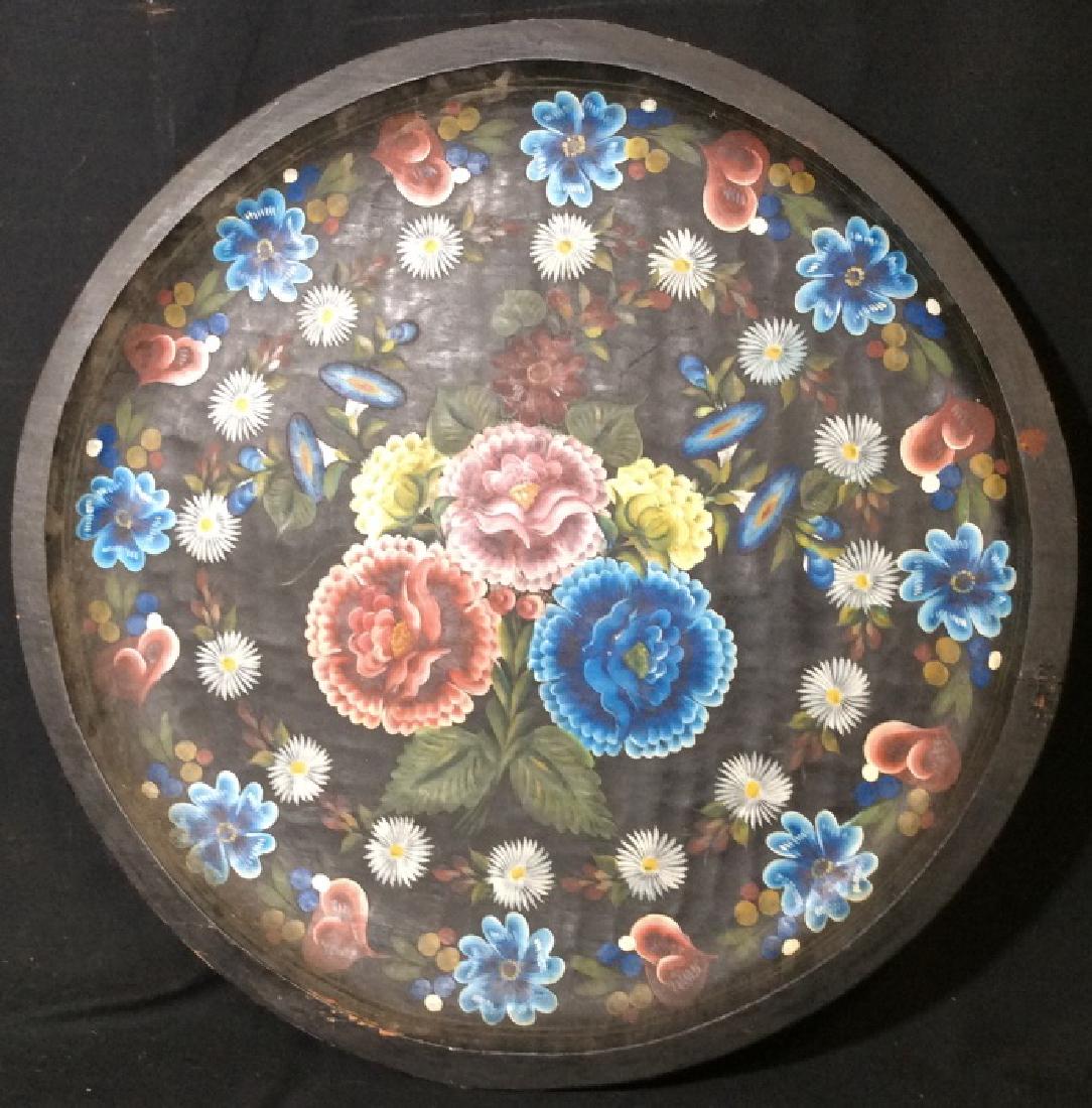 HAND PAINTED Wooden Floral Wall Art: 28.5 in. diameter. 2.5 in. thick. Wire 11 in. long. Floral Motif on dark wood. Slight wood surface scrapes and /or cracking. Is wired to hang. Folk Art, Hand Painted Wall Art, Paint On Wood, Home Wall