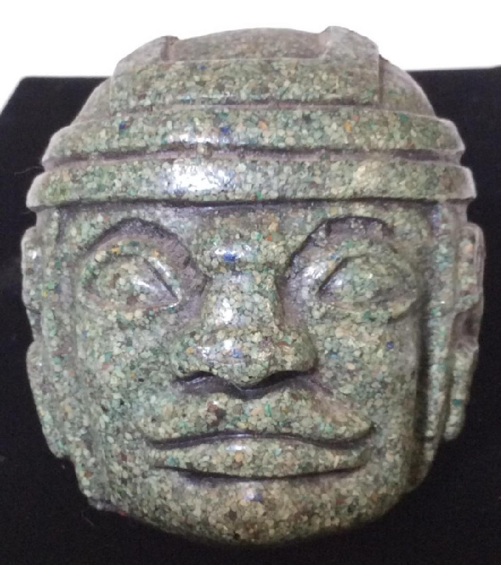 Vintage Carved Stone Of OLMEC Figure Head: From Mexico, 1986 , stated underside. With felt for furniture protection. Natural green stone quarried in Mexico. The Olmec Civilization were the earliest in Mexico, or as it was known, Mesoamerica, f