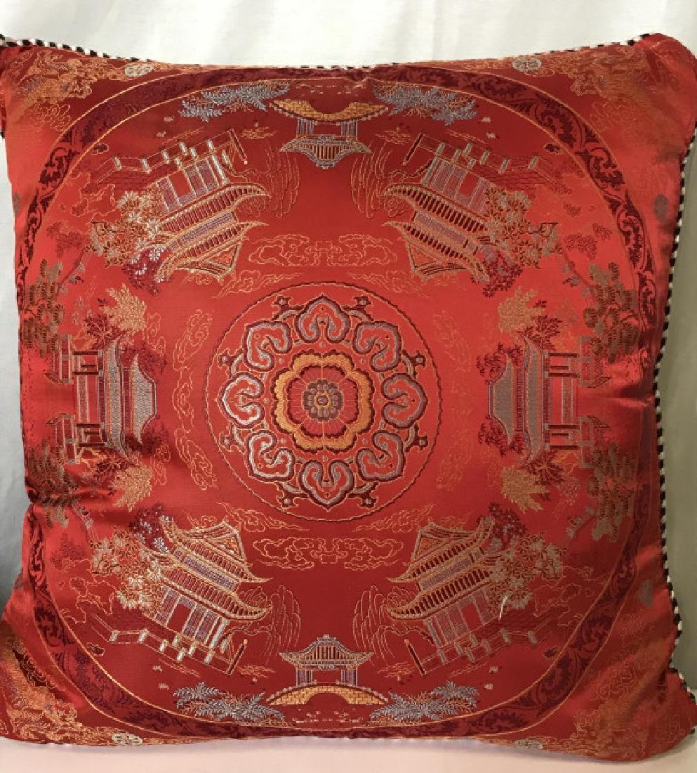 Japanese Motif Throw Pillows: Two sided; one side Japanese structures amongst mountains, other side Japanese homes in pattern with symbols. Rope piping. Zipper on seam.18 x 19 in. Asian Motif Pillow Covers, Oriental Pillow Decor, 