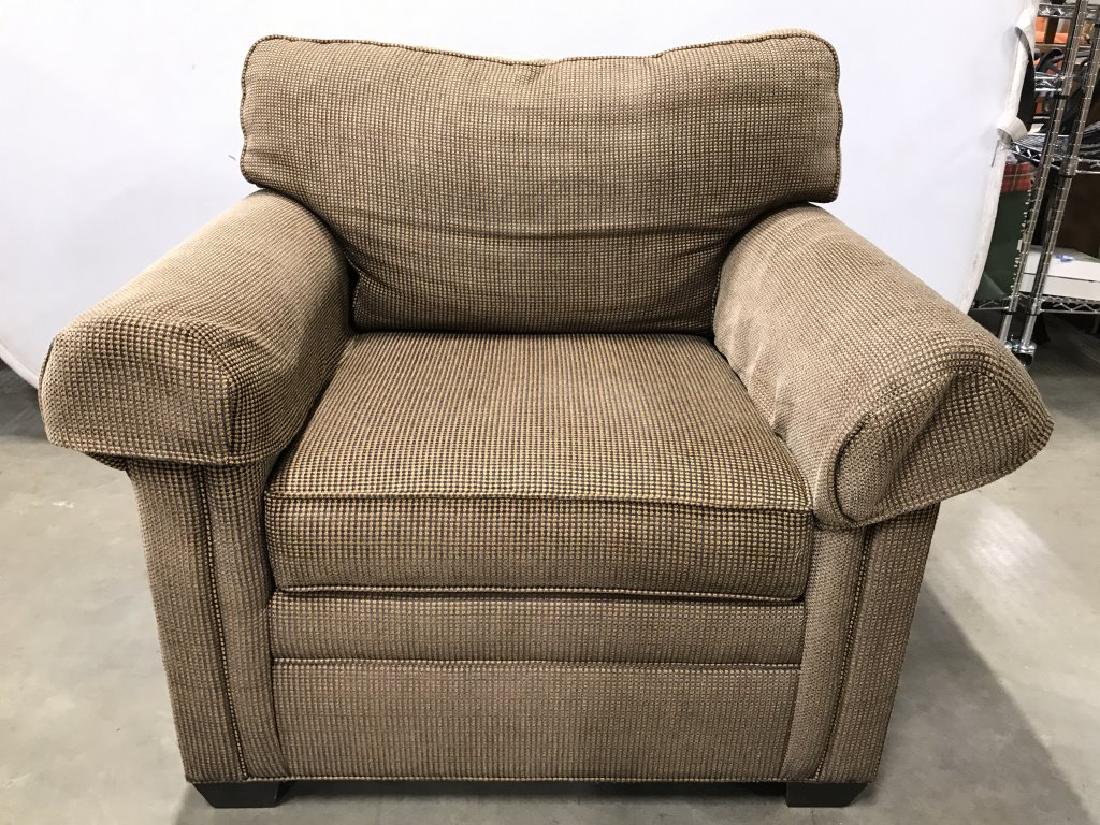 Vintage ETHAN ALLEN Armchair: Underneath cushion has tag which reads ETHAN ALLEN. PIECE has has tones of light, dark brown and tan. Measures approx 39 inches wide, 37 inches deep, 36inches tall. Armchair, Ethan Allen Chair, Living