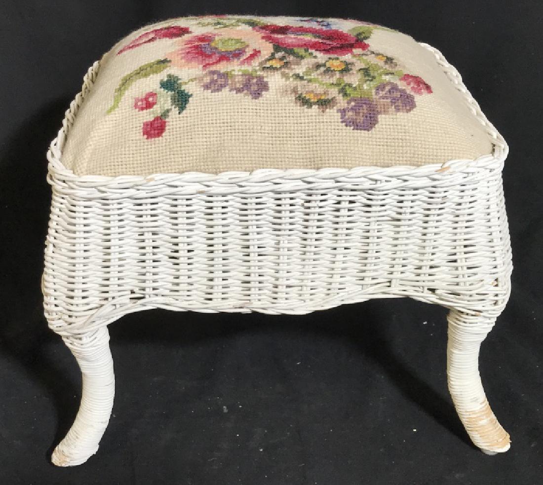 Vintage NEEDLEPOINT Top Wicker Foot Stool: Needlepoint in excellent condition. 100% wool. Stuffing, Polyester. Approx 13 in. high, 13 in. long, 11 1/4 in wide. Sturdy. Some wear on paint near feat of stool. Foot Stool, Needlepoint Stool, Wicke
