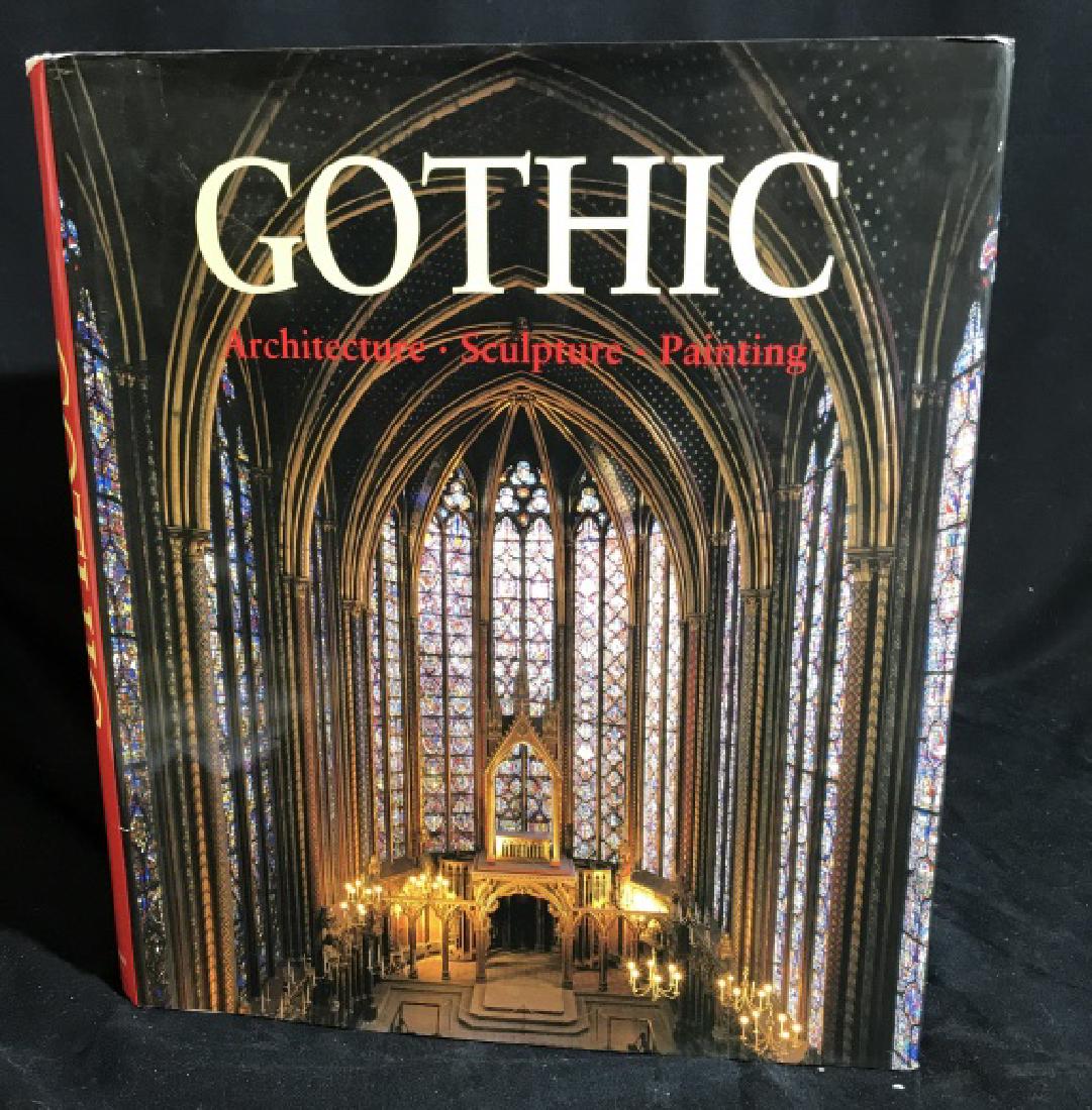 Book - Gothic Architecture, Sculpture, Painting: 11 x 13 x 3/4 in approx. Edited by Rolf Toman. Konemann, 1998 Book describes and shows detail about the beginnings of the Gothic Perios ( 1140), showcasing religious architecture throughout Medieval E