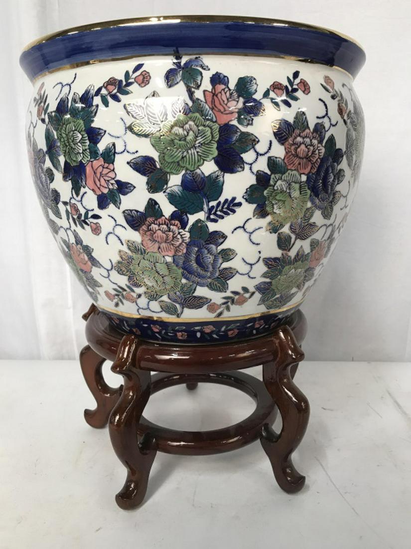 Chinese style Porcelain Flower Pot W Stand: Chinese porcelain floor vase, pot, planter, cache pot, Pattern in blue greens pinks on white ground, chinoiserie, Asian Arts and Crafts, Orientalism, orientalia, On Stand Measures ht app 18.5 inches p