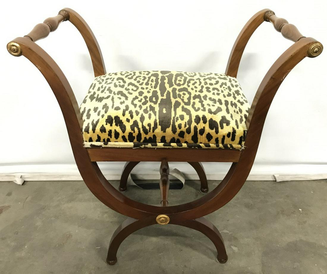 DorothyDraper Cheetah Print Upholstered Benches: 2 Dorothy Draper Style Regency Style Cheetah Print Upholstered Benches, cheetah print Clarence House silk velvet, possibly recovered antique benches, brass florette details. Benches have carved wooden