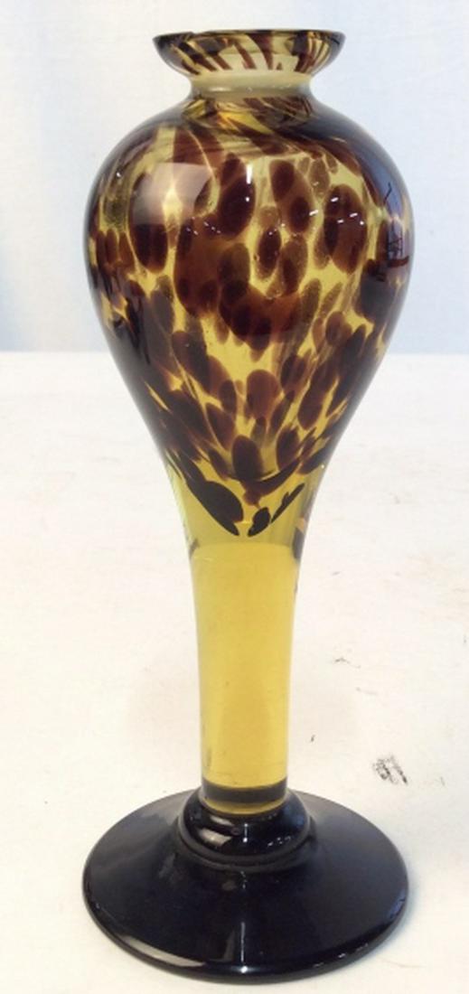 SILVESTRI Hand Blown Glass: Brown and black handcrafted glass for Silvestri Company. Vase measures at approx 6.5 inches tall, and approx 2.2 inches at its widest. Made in Taiwan. Hand blown glass, hand blown vase, wine glass, ye