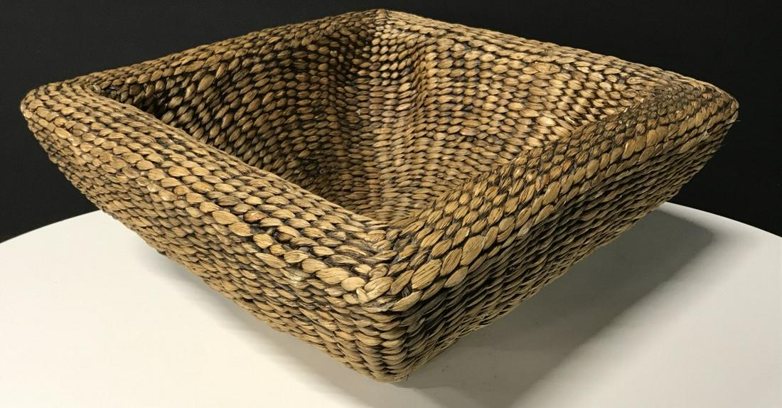 Large Woven Centerpiece Bowl: Woven centerpiece bowl. Measures approx 9.5 inches in height by 19.5 inches squared in length and width. Storage organization basket, bowl, Vessel, interior home decor accessory. 7