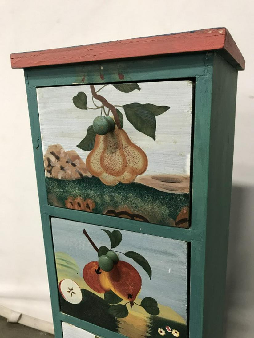 Vintage Hand-Painted 4-Drawer Apothecary Cabinet: Vintage hand-painted 4-drawer apothecary style cabinet. Painted fruit design on each drawer. Measures approx 27.25 inches in height by 9 inches in width by 9.75 inches in depth. Cabinet has surface we