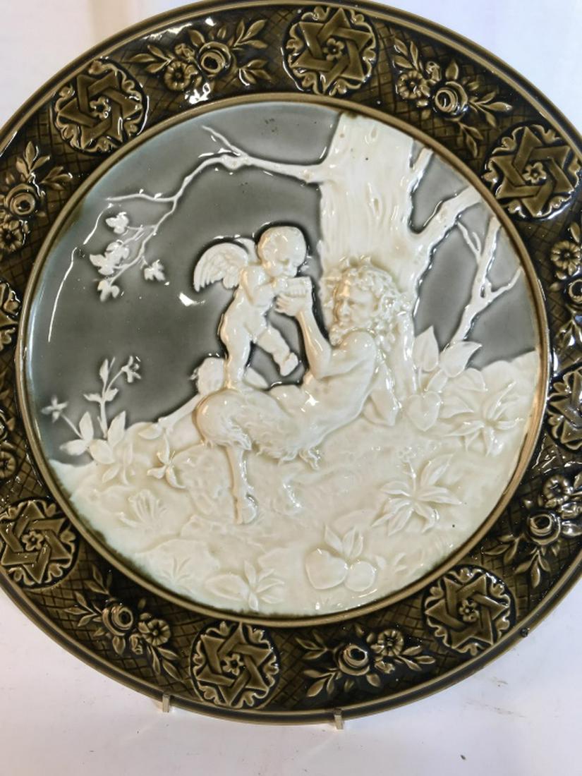 Shuts Gilli Signed Ceramic Wall Platter: Scene of cherub putti in Forrest in relief, measures diameter app 13 inches,wall plaque, home accent and accessories, decorative arts and accessories, shelf piece