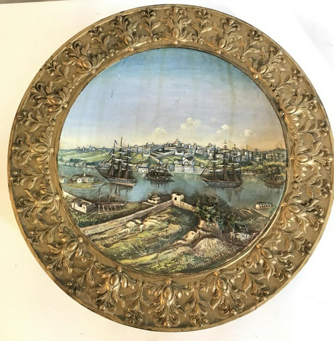 Signed Francisco Timoner Ceramic Wall Plaque: Underside reads Francisco Timoner, WS&S, Despacho, Castillo 70, Mahon, bisque ceramic wall platter, multi layered and dimensional city village scrap in relief, measures depth app 3.5 inches, diameter 