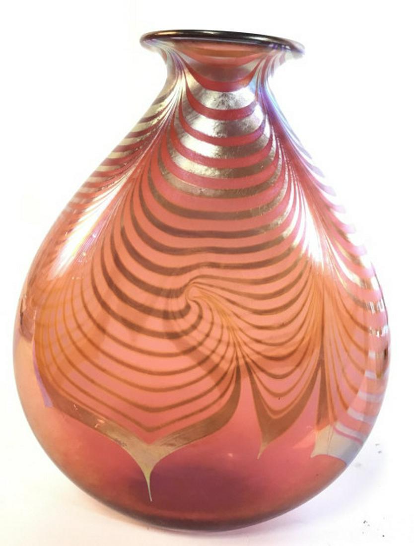 Pink Gold Opalescent Art Glass Vase: Vase,Vessel, decorative accessory, art glass collectible, bud vase, pink with gold swirl striping, measures ht app 9.5 inches width app 7 inches, tableware