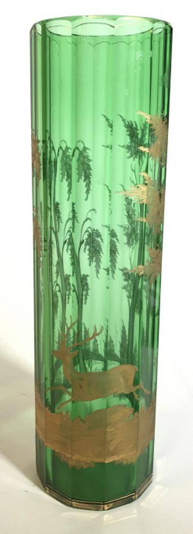 Vintage Gold Painted Art Glass Vase: Green fluted cylindrical glass vase, Vessel, with gold painted scene of leaping deer and Forrest, measures app ht 12 inches diameter app 3.5 inches, vintage glass, art glass, table ware, decorative ar