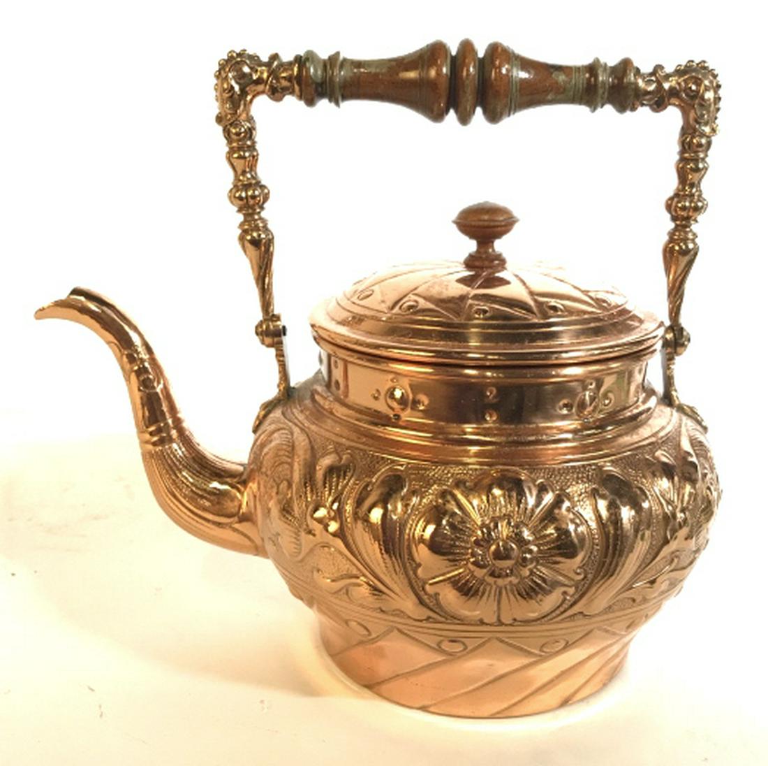 Copper w Wood Accents Kettle: Kettle, tea pot polished copper with repossess design and turned wood detailing, decorative arts, table ware,copper accessory, measures with handle app ht 10 inches spout to rim app 11 inches
