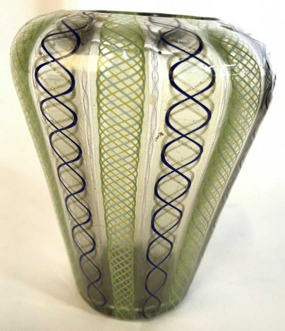 LATTICINO Italian Art Glass Vase: Purple lime green swirls hand formed art glass vase, table ware, decorative arts, measures ht app 4 inches diameter app 3 inches