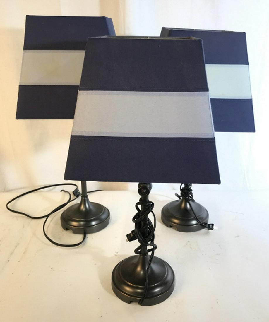 Set 3 Metal Stick Lamps w Shades: Striped blue shades, may need cleaning, pewter toned metal lamps, ht app 22 inches, set of three, home accent, home accessories, home lighting