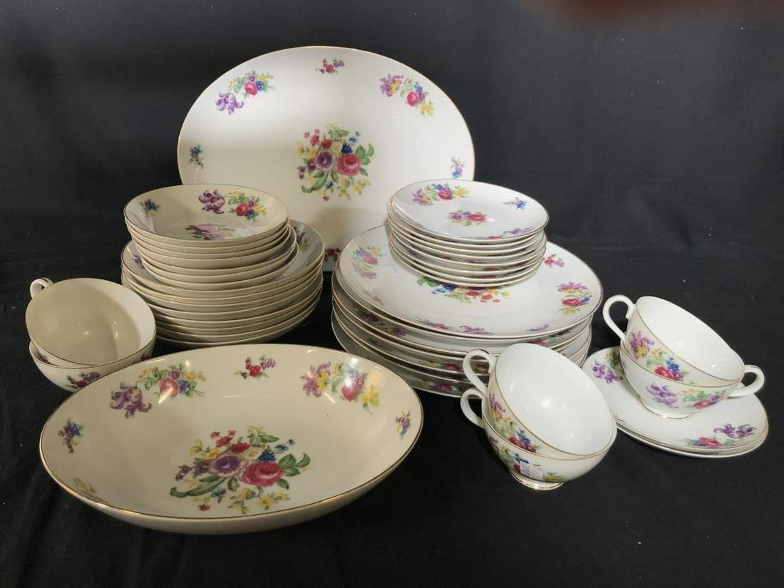 Princess China Porcelain Dinner Service Set: Marked for Japan, princess China, Chelsea, white porcelain with floral decor, partial dinner service set includes 7 dinner plates diameter app 10.5 inches, egetable bowl length app 10 inches, serving 