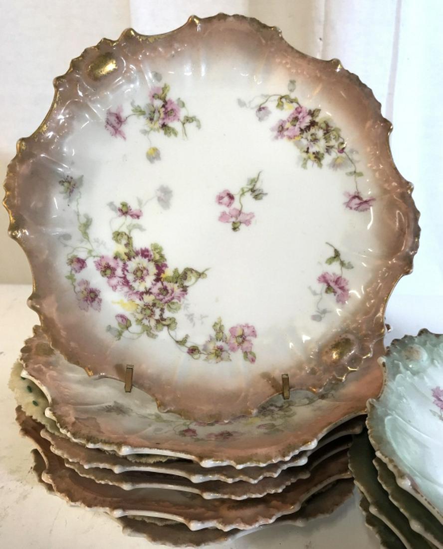 Set Antique Porcelain Limoges France Plates: Set includes 5 green rimmed plates and 6 rose rimmed plates, diameter app 9 inches each, antique French table ware, decor pieces, shelf pieces, decorative accessories