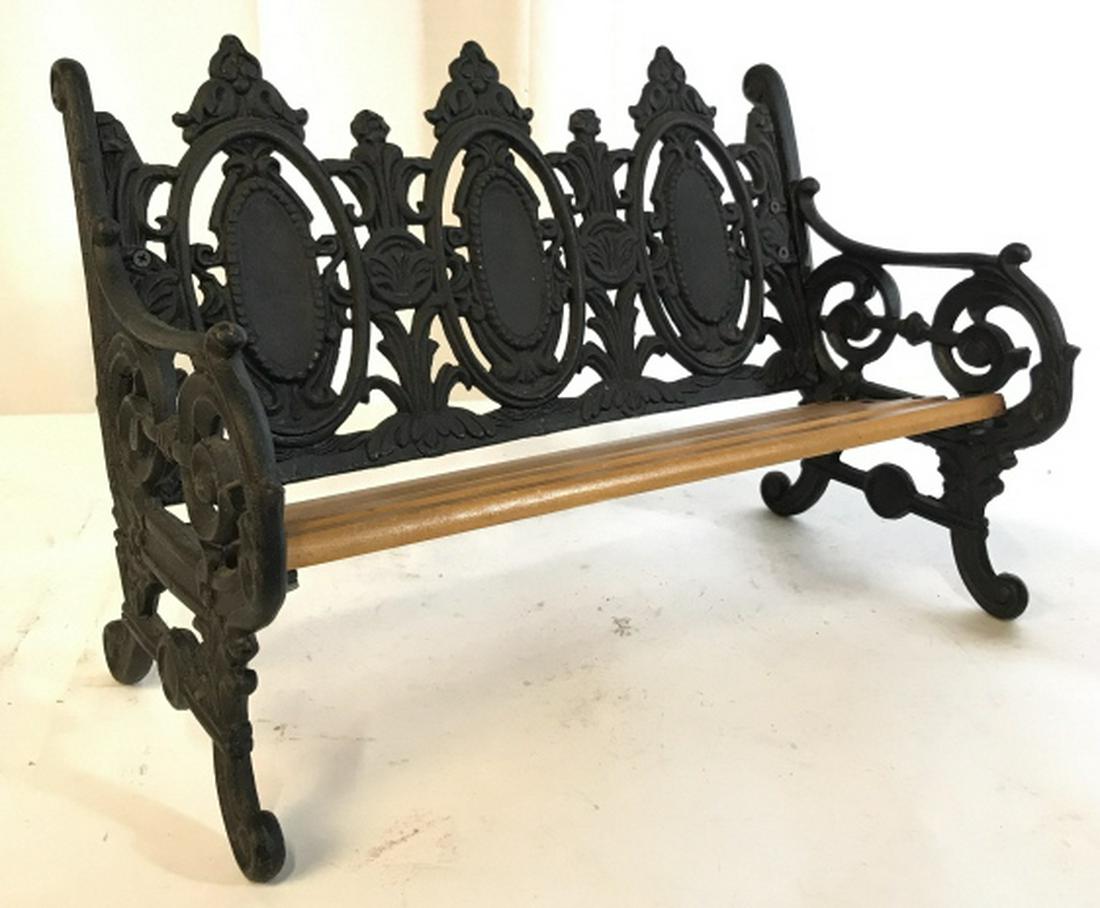 Wood and Iron Doll Size Park Bench: Scrollwork iron sides back and legs, plank wood seat, measures app ht 12 inches, length 17 inches depth 8 inches, doll accessories, collectible doll house furniture