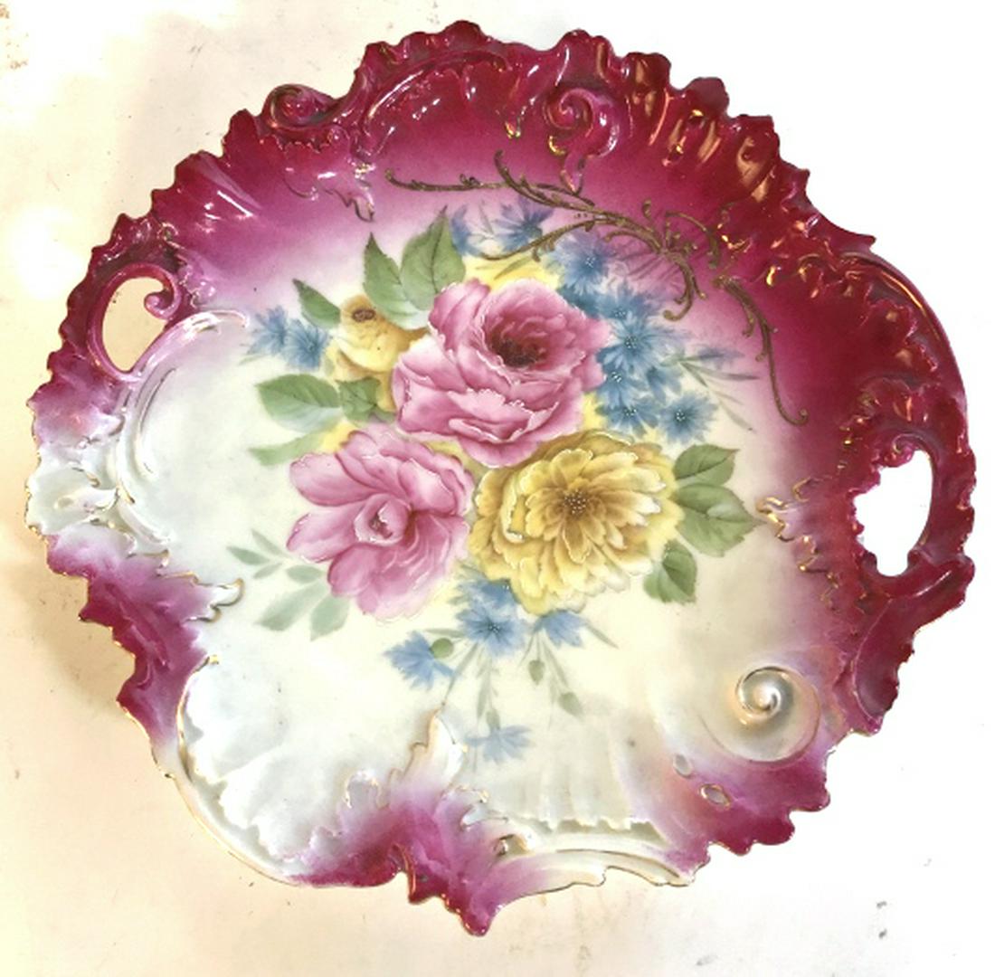 Hand Painted German Porcelain Platter: Marked and trademarked, reads Germany on underside, tableware, Porcelain, centerpiece platter, decorative arts and accessories, shelf piece, home accent and decor, wall plate, measures diameter app 12