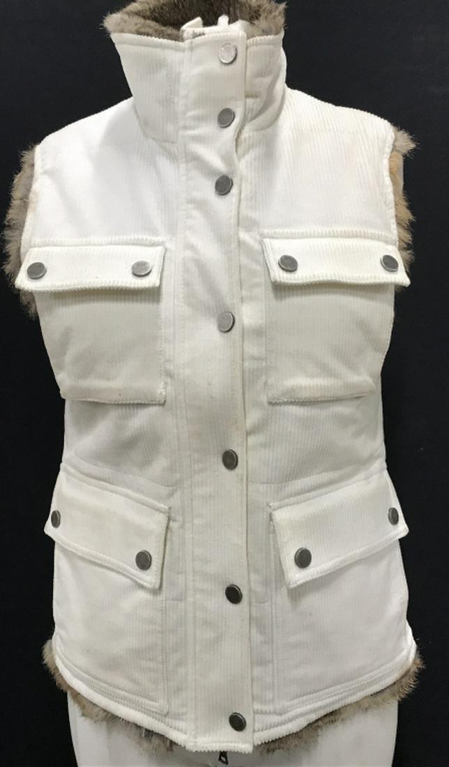 THEORY Rabbit Fur Vest - Bergdorf Goodman: White corduroy. Zipper and snap closure. Zips well. 2 breast snap pockets and 2 waist snap pockets. High Collar snaps closed as well. Size Small/ Petite. Authentic rabbit fur lined. Very Good Conditio