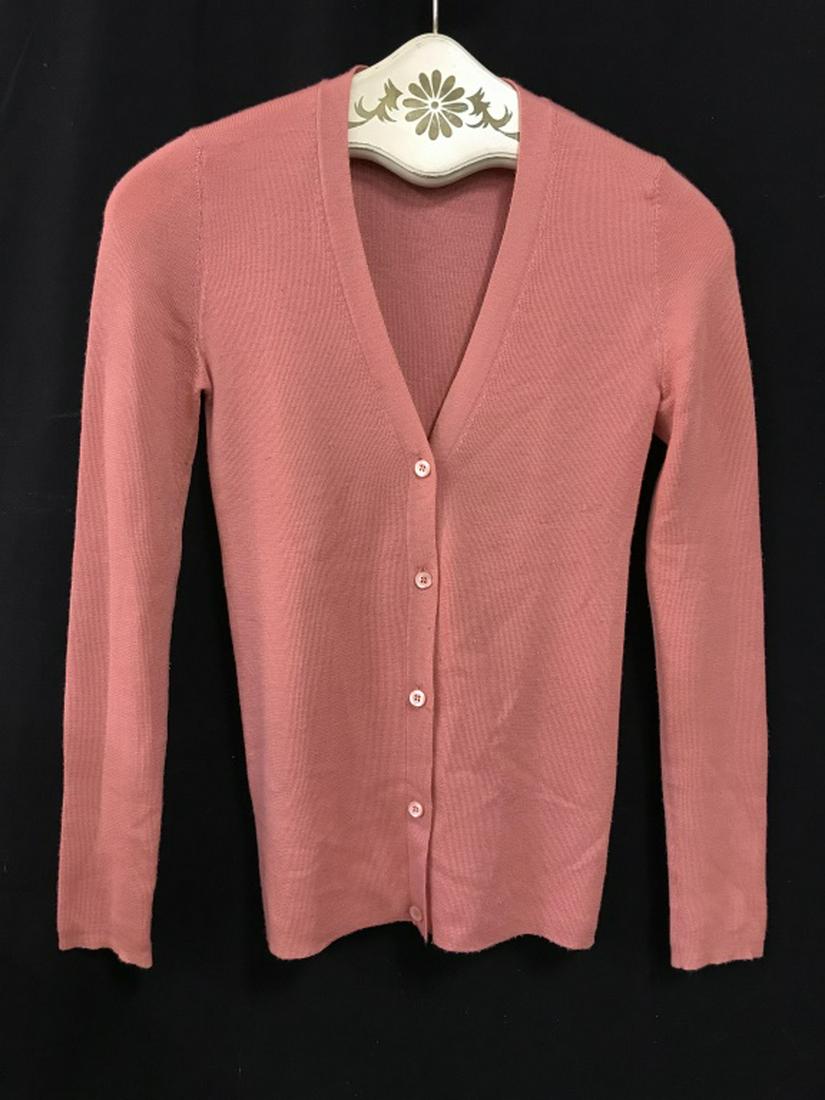 PRADA Luxury Designer Cashmere Silk Blend Cardigan: Label reads for PRADA, Made In Italy, Size 42, 70% cashmere, 30% silk. Button down cardigan is watermelon pink in tone. Some minor pilling, might need spot cleaning for blemish. PRADA Luxury Designer