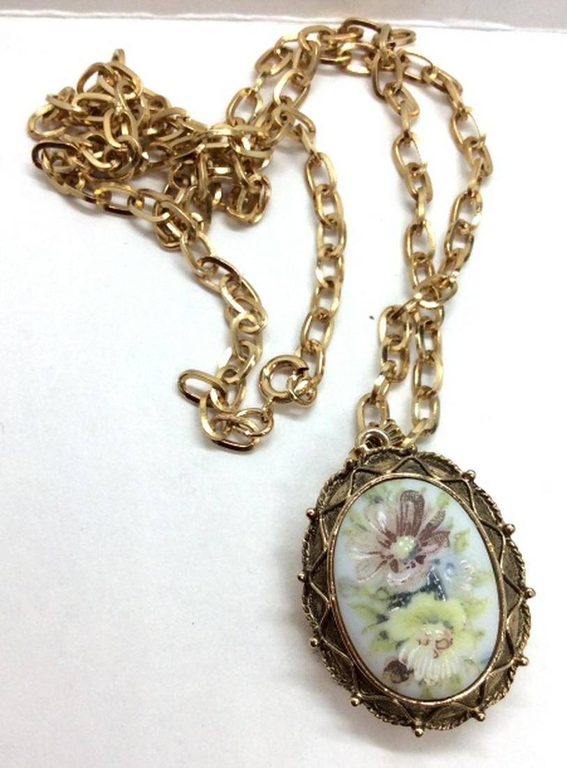 RONDISSE Fragrance Necklace: LUZIER With original box, gold toned locket pendant with painted porcelain plaque. measures approx 14 in. Jewelry, women’s vintage costume estate jewelry, wearable, fashion accessory. 4