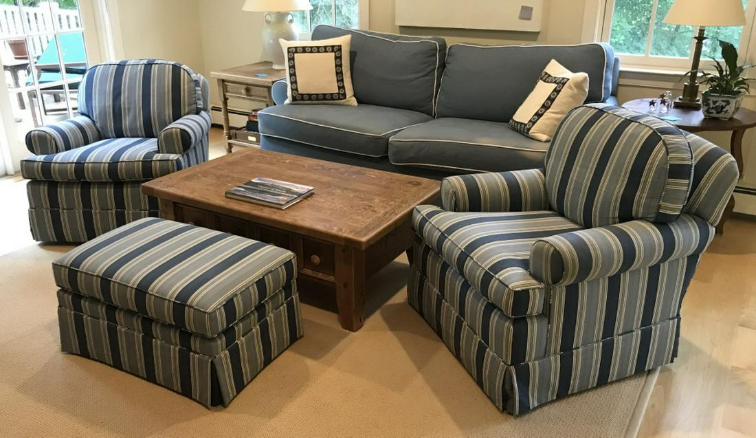 Set 3 Upholstered Swivel Club Chairs W Ottoman: Set 3 Upholstered Swivel Club Chairs W matching Ottoman in blue and cream toned striped upholstery and welted trim, chairs swivel and rock, chairs measure approx 33 inches tall x 34 inches wide x 35 i