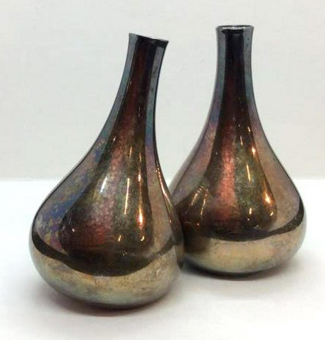 DANSK DESIGNS Onion Candleholders: Marked on undersides DANSK DESIGNS, DENMARK IHQ. Possibly silver plated, weighted Bud Vases. Evident discoloration. measures approx 3 in tall by 1 1/2 in. Bud vases, Mid Century Modern Design Table to