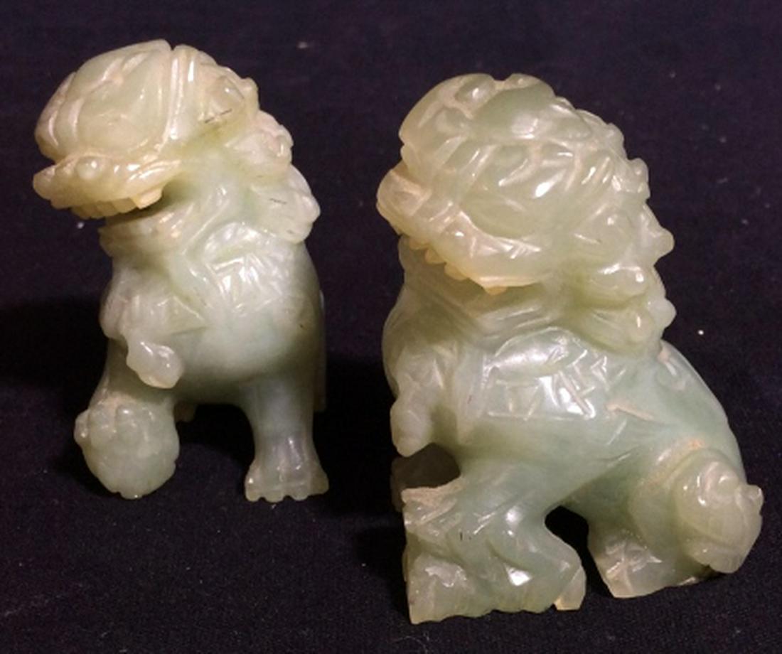 Carved Jade Chinese Foo Dogs: Matching Jade Chinese Dog Figurines On Footed Wooden Mini Stand. Dogs are detachable from individual stands. Each dog (on stand) measures at approximately 3.2 inches tall and approximately 2.5 inches 