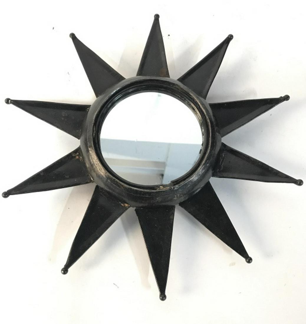 Black Toned Metal Sunburst Style Mirror: Mirror has metal frame. Frame is black toned. Measures approx 12 inches tall and wide. wall art and accessories, home accent and decor, interior design, sunburst 6