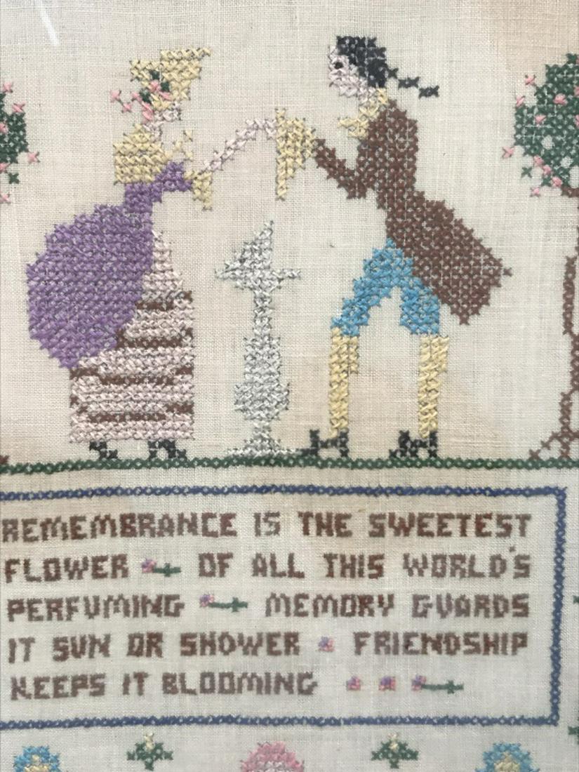 Initial Signed Vintage Motto Sampler, 1934: Initials W.A.D. along bottom, with date 1934. Verso has full handwritten name, Winnifred A. Davis. Sampler features the saying ‘remembrance is the sweetest flower of all this world’s perfuming. Me